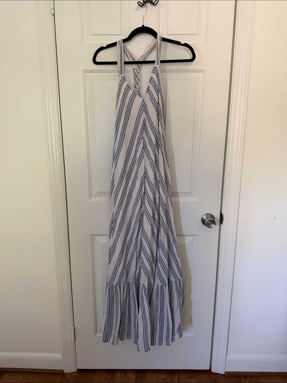 Anthropologie Blue and White Striped Halter Maxi Dress